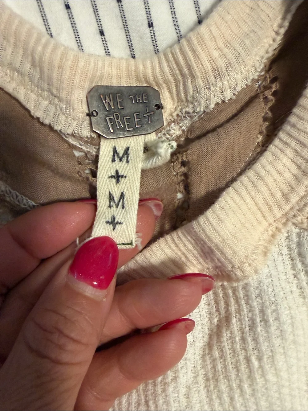 Free People Cream Ribbed 3/4 Sleeve Tee with Taupe Crochet Yoke